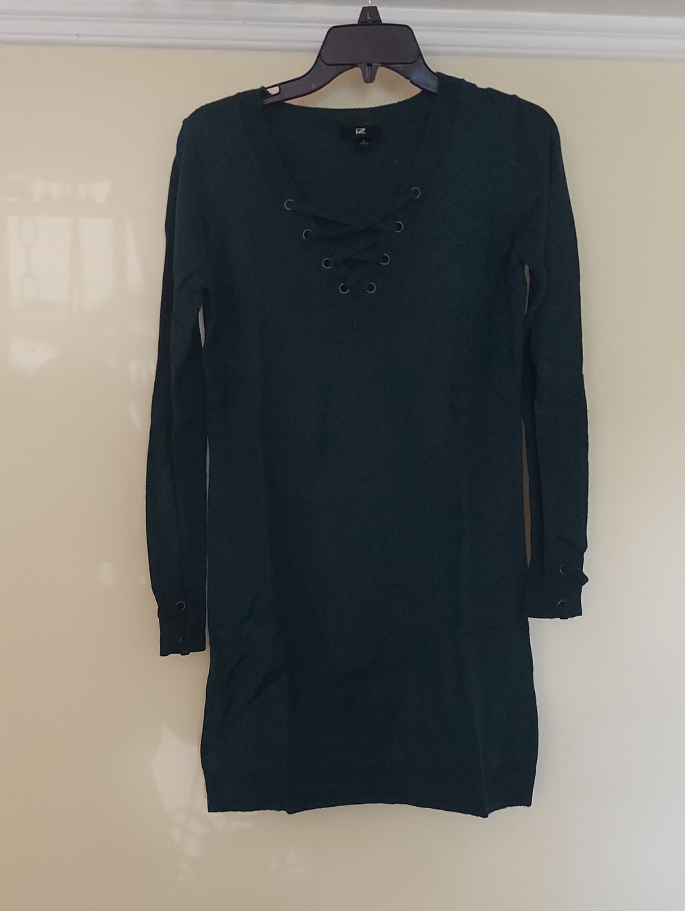 Iz Byer Forest Green Faux Lace-Up Detail Long Sleeve Knit Dress